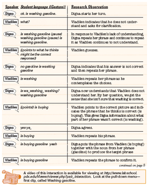 Chart of student language and observations